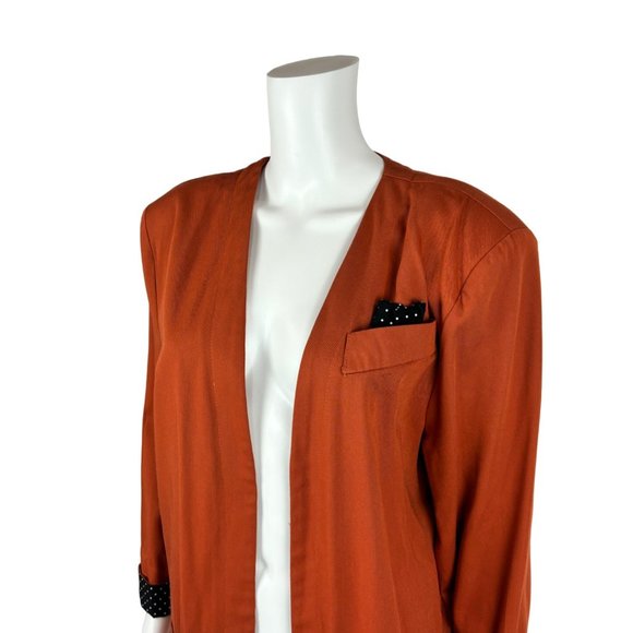 Vintage 90s Open Blazer Women's Large Burnt Orange Black Polka Dots Suit Jacket - Picture 5 of 10